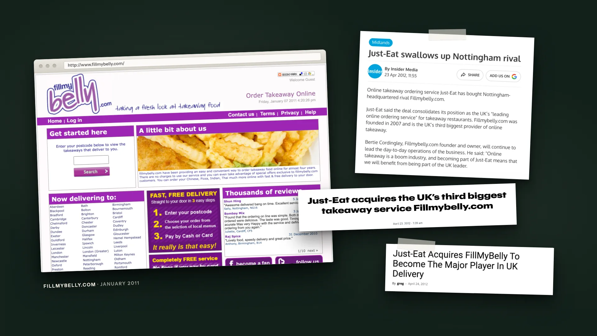 FillMyBelly.com as it looked in January 2011, beside press cuttings from April 2012 reporting that Just Eat had bought it.