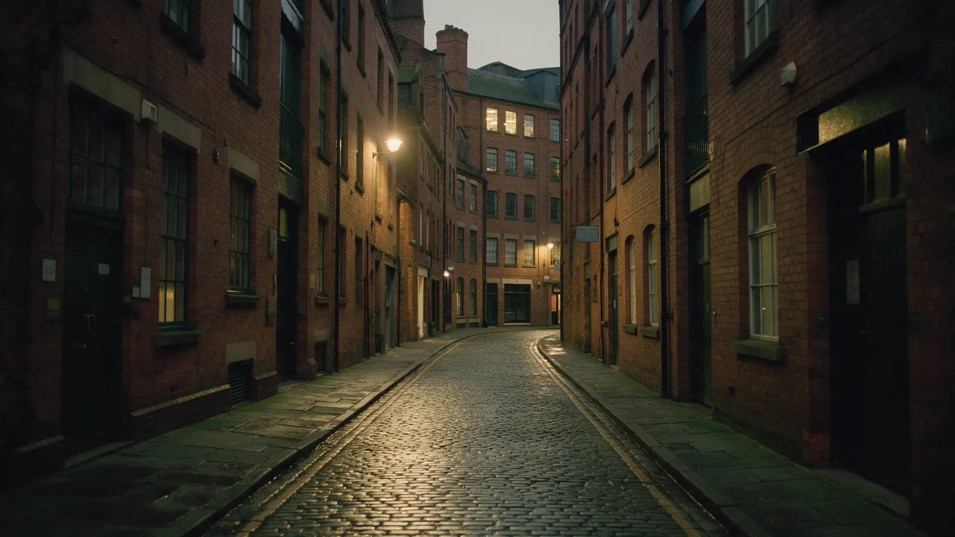 A red-brick street in Nottingham’s Lace Market at dusk, street lamps coming on.