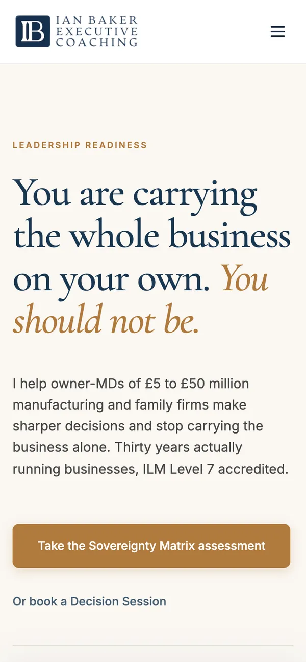 The Ian Baker Executive Coaching site on a phone